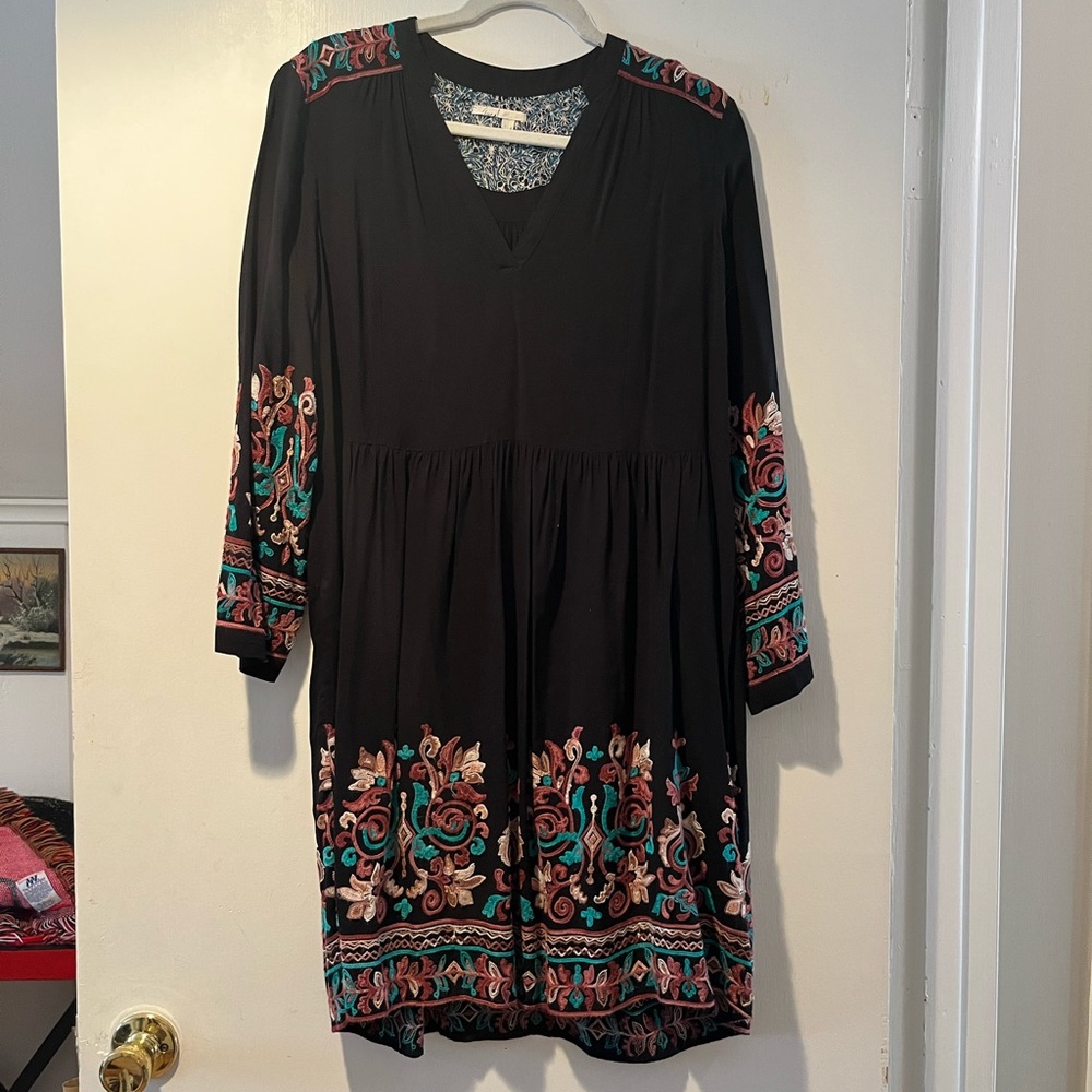 Anthropologie Floreat Black Dress with Vibrant Embroidery